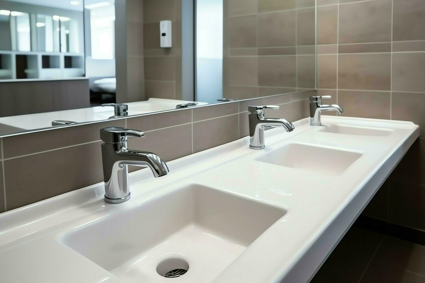 Modern public bathroom with row of white ceramic wash sink basins and faucet with mirror in restroom concept by AI Generated photo