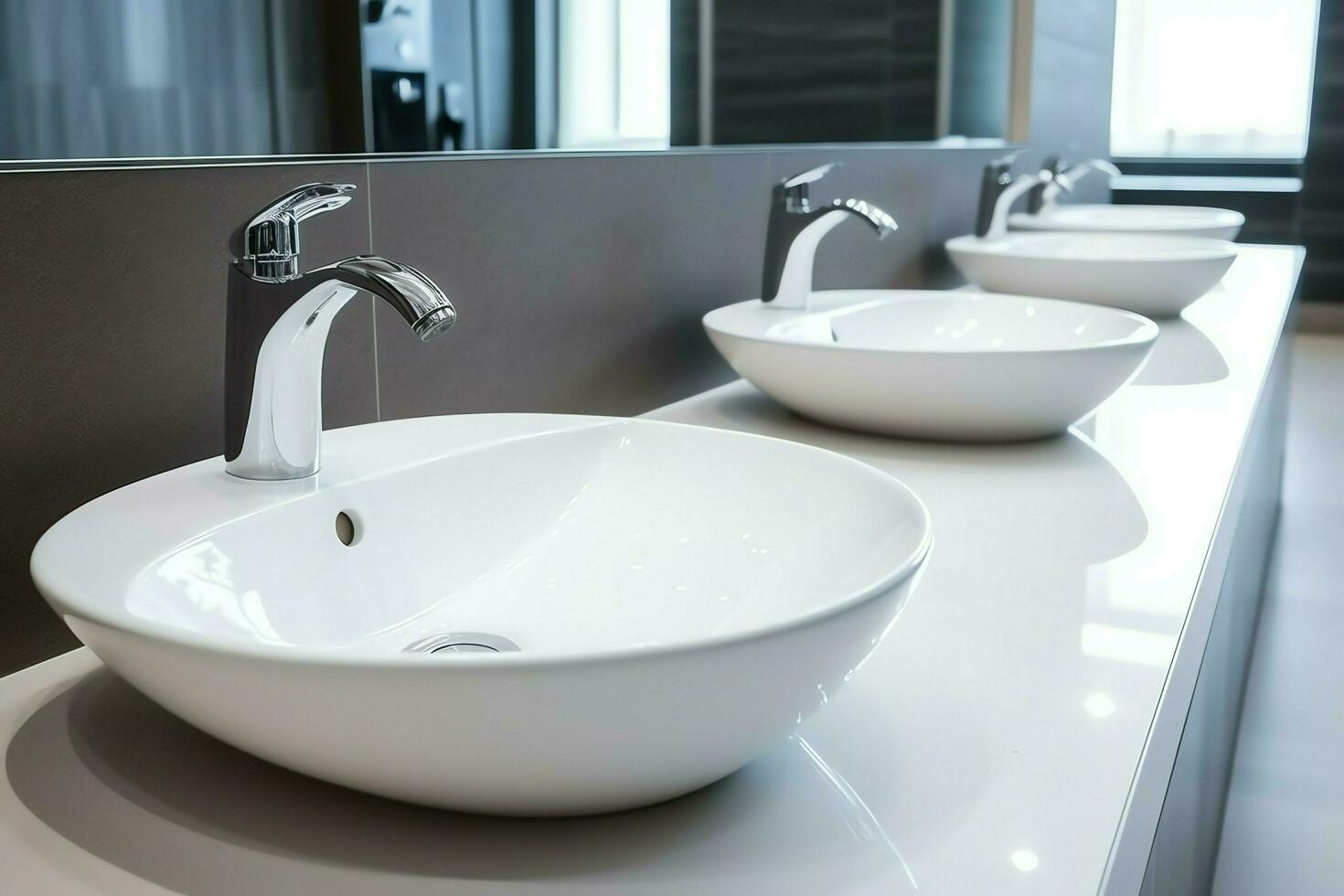 Modern public bathroom with row of white ceramic wash sink basins and faucet with mirror in restroom concept by AI Generated photo