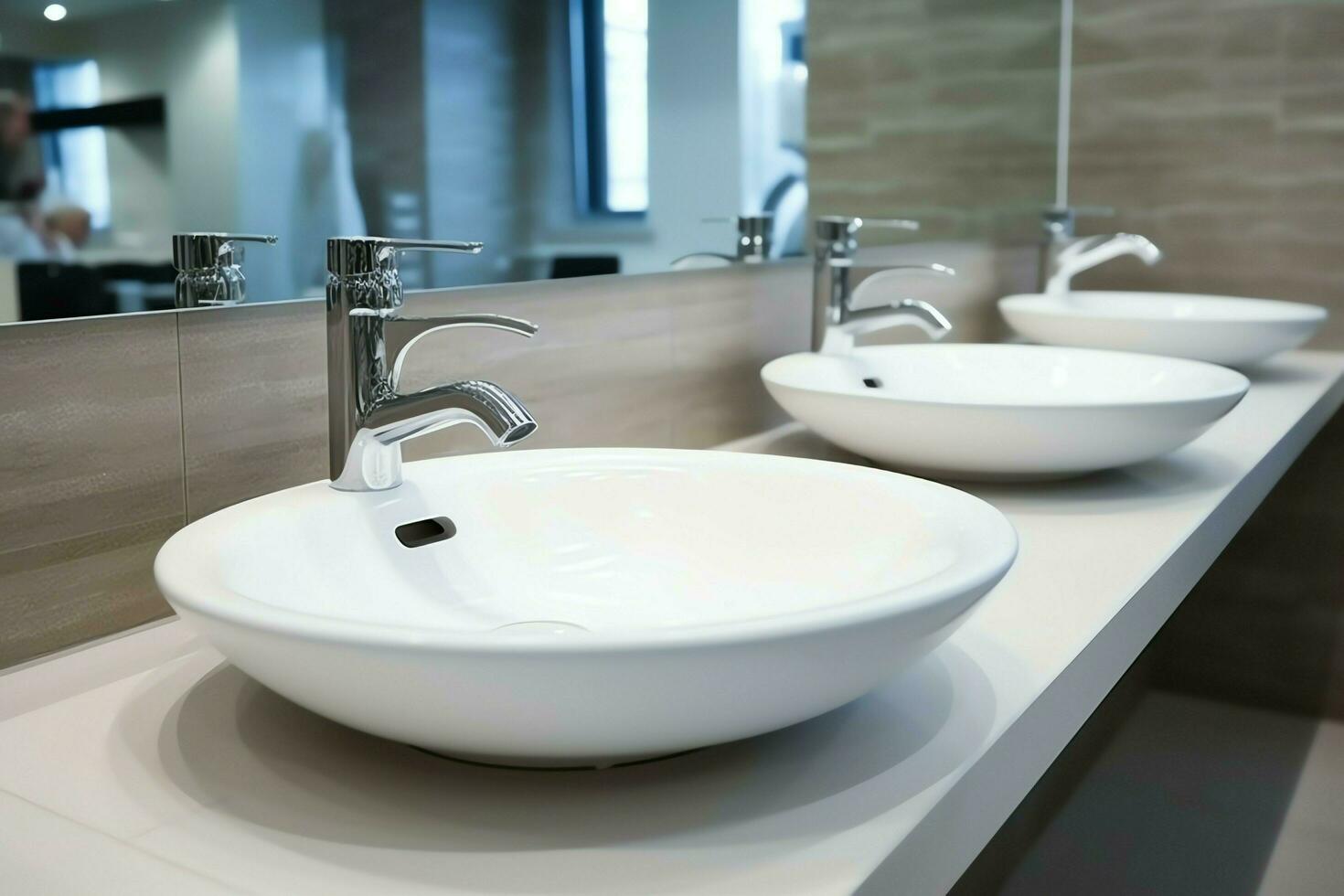 Modern public bathroom with row of white ceramic wash sink basins and faucet with mirror in restroom concept by AI Generated photo