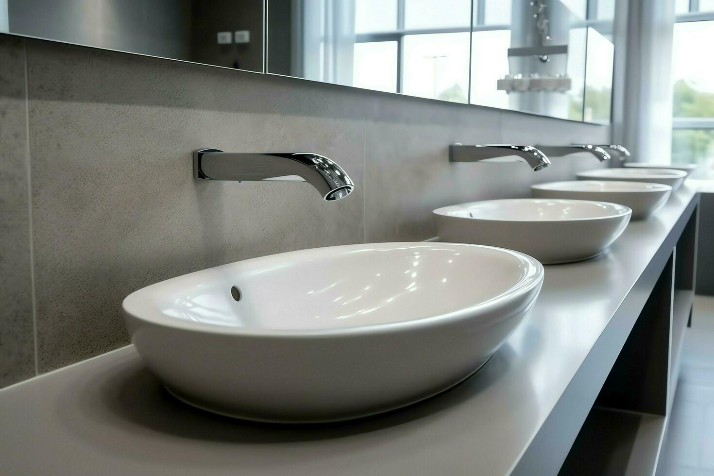 Modern public bathroom with row of white ceramic wash sink basins and faucet with mirror in restroom concept by AI Generated photo