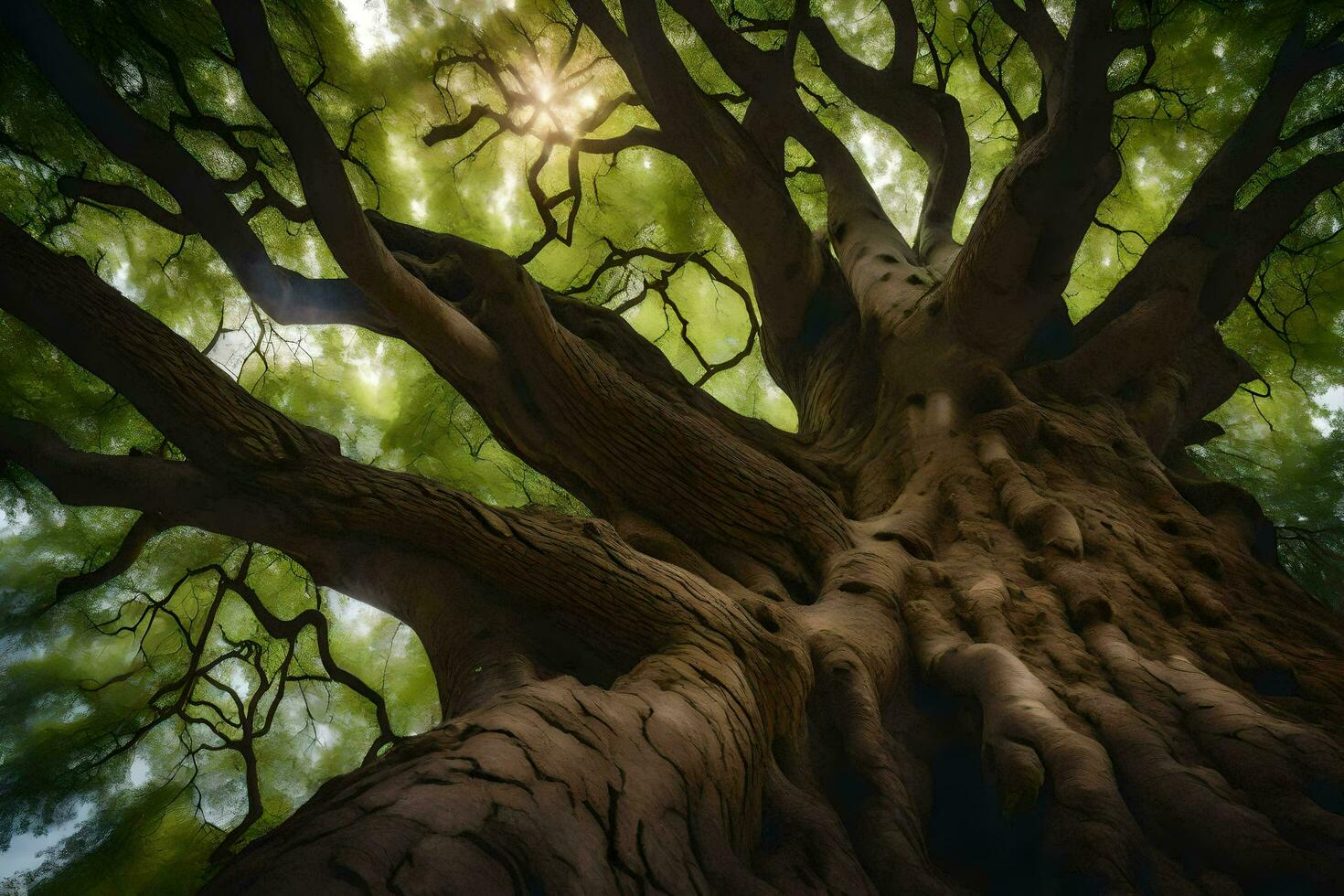 the sun shines through the branches of a large tree. AI-Generated photo