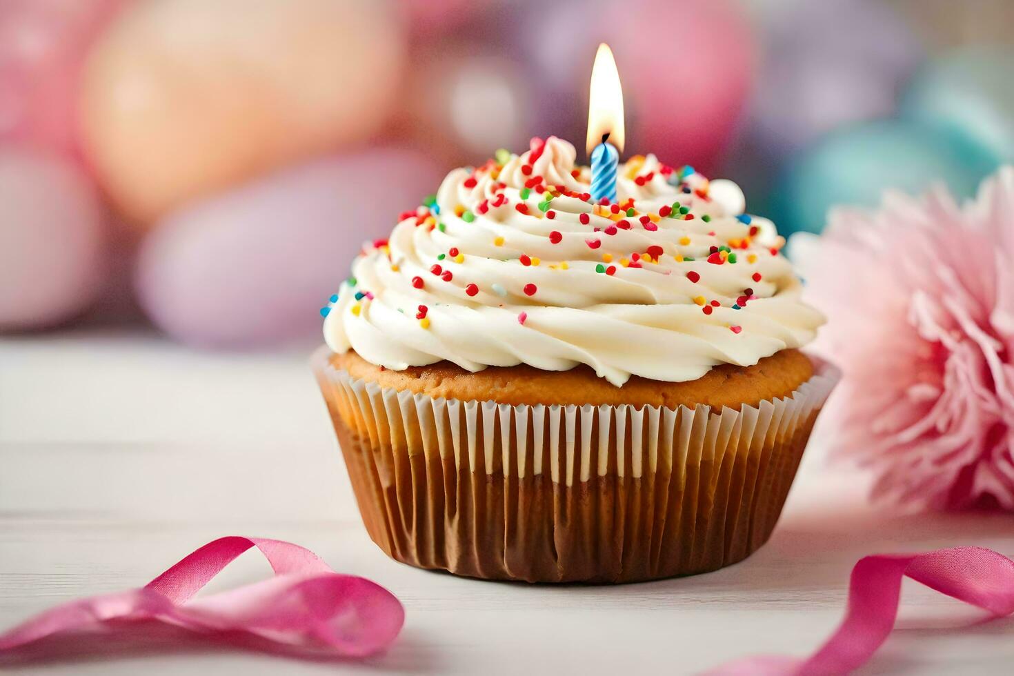 a cupcake with a lit candle on top. AI-Generated photo