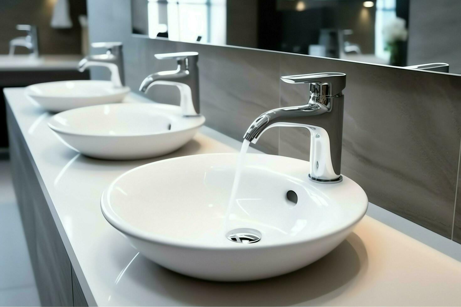 Modern public bathroom with row of white ceramic wash sink basins and faucet with mirror in restroom concept by AI Generated photo