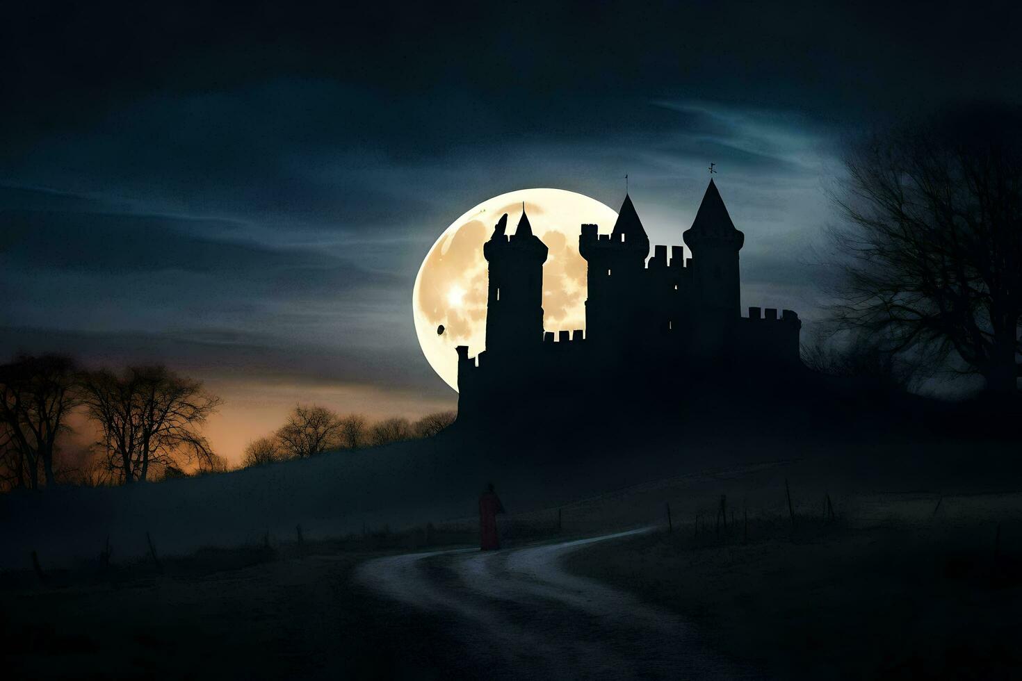 a castle in the dark with a full moon. AI-Generated photo