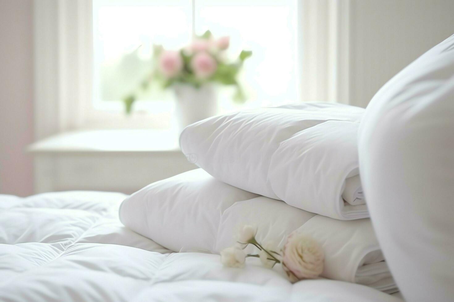 hermosa lujo cómodo blanco almohada y cobija en cama decoración. lujo blanco abajo edredón concepto por ai generado foto