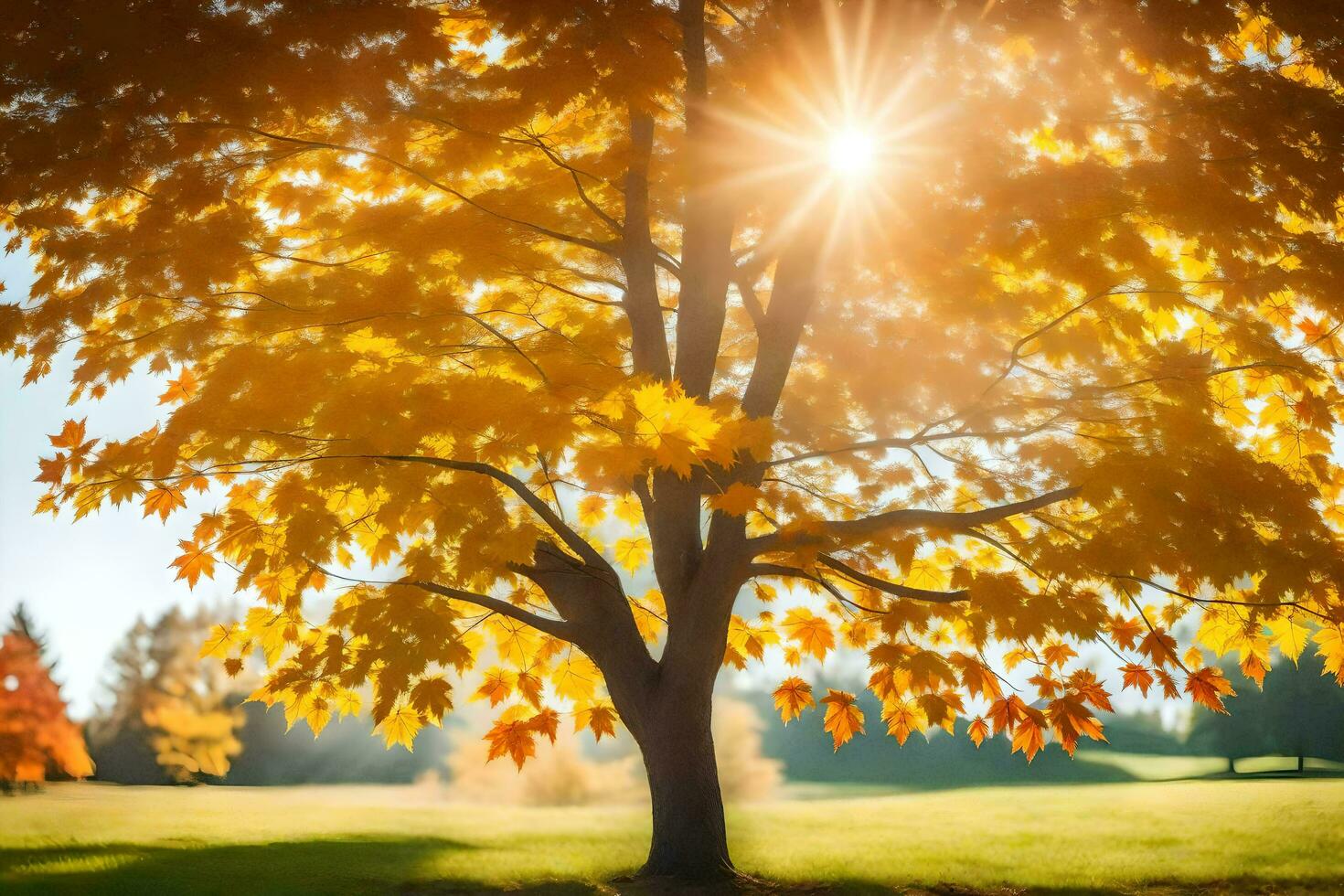 autumn tree with sun shining through leaves. AI-Generated photo