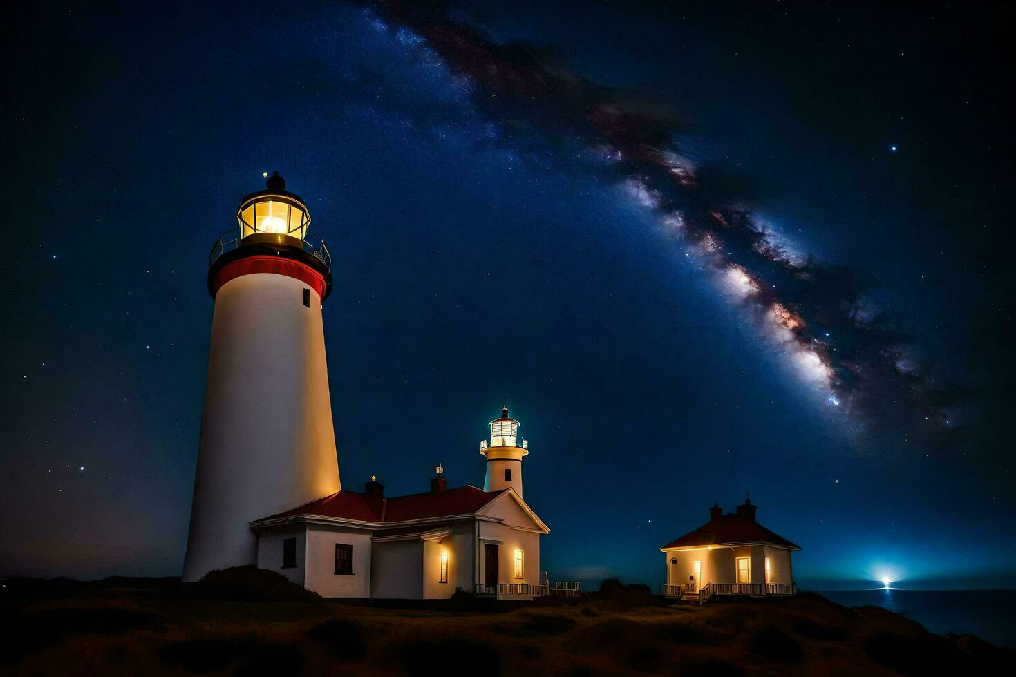 the milky way over two lighthouse. AI-Generated photo