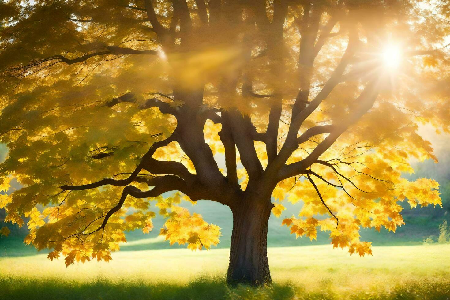 a tree in the sun with the sun shining through it. AI-Generated photo