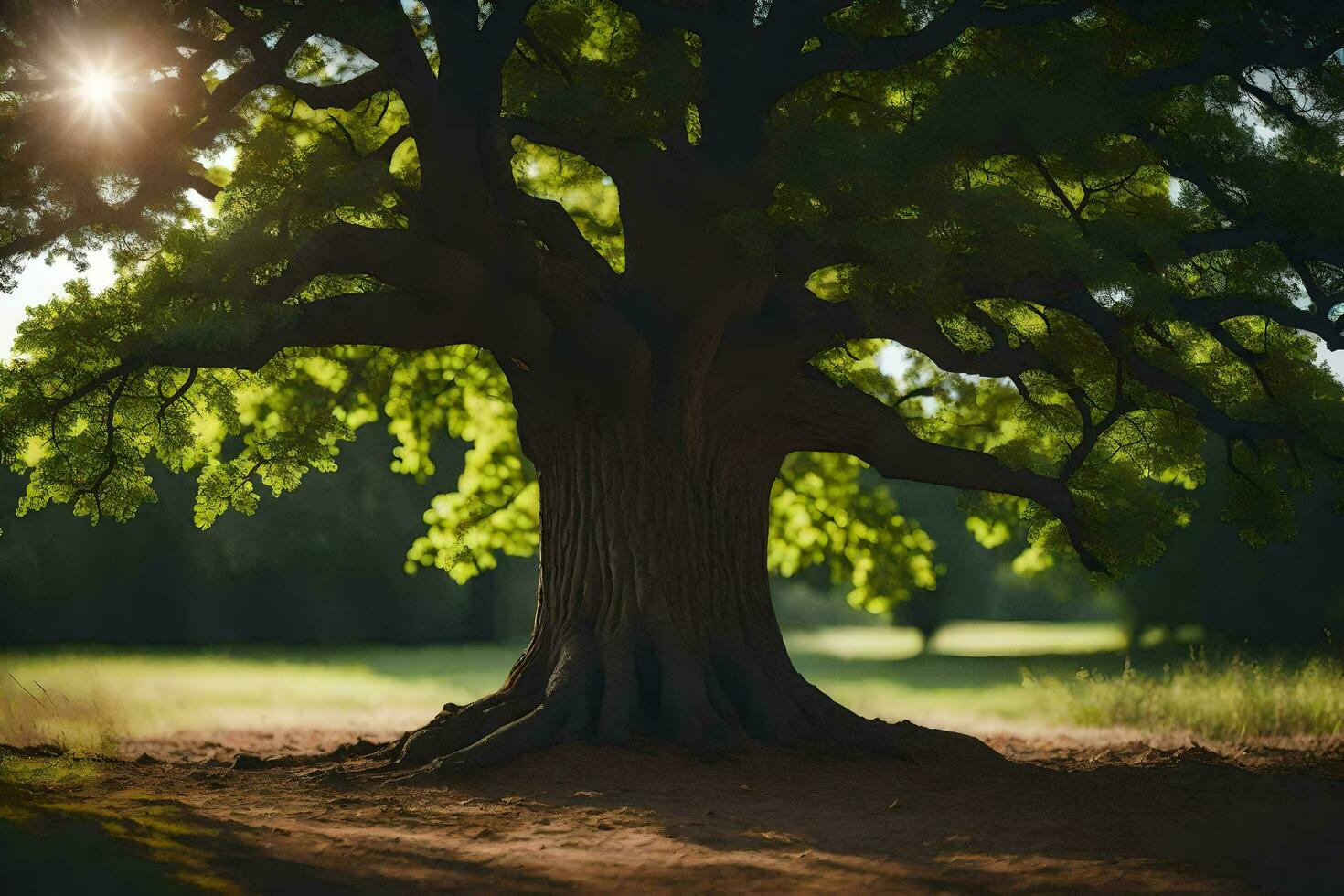the sun shines through the leaves of a large tree. AI-Generated photo