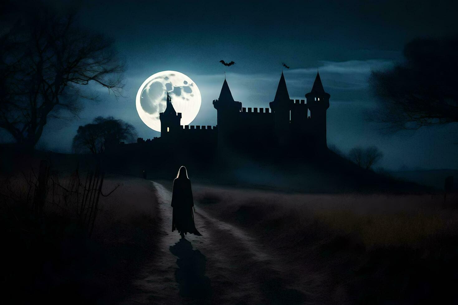 a woman walks in front of a castle at night. AI-Generated photo