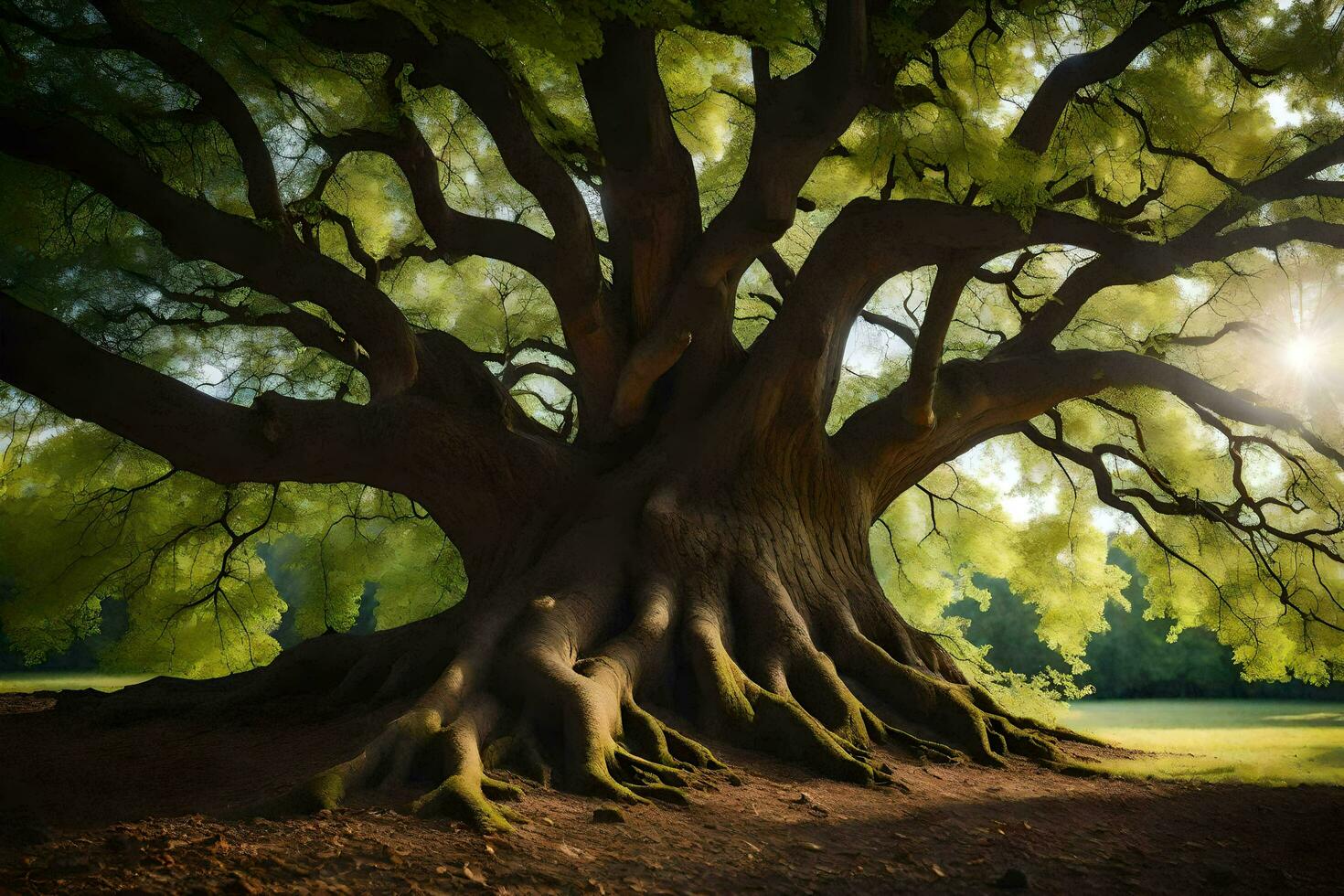 the sun shines through the tree trunk of an old oak tree. AI-Generated photo