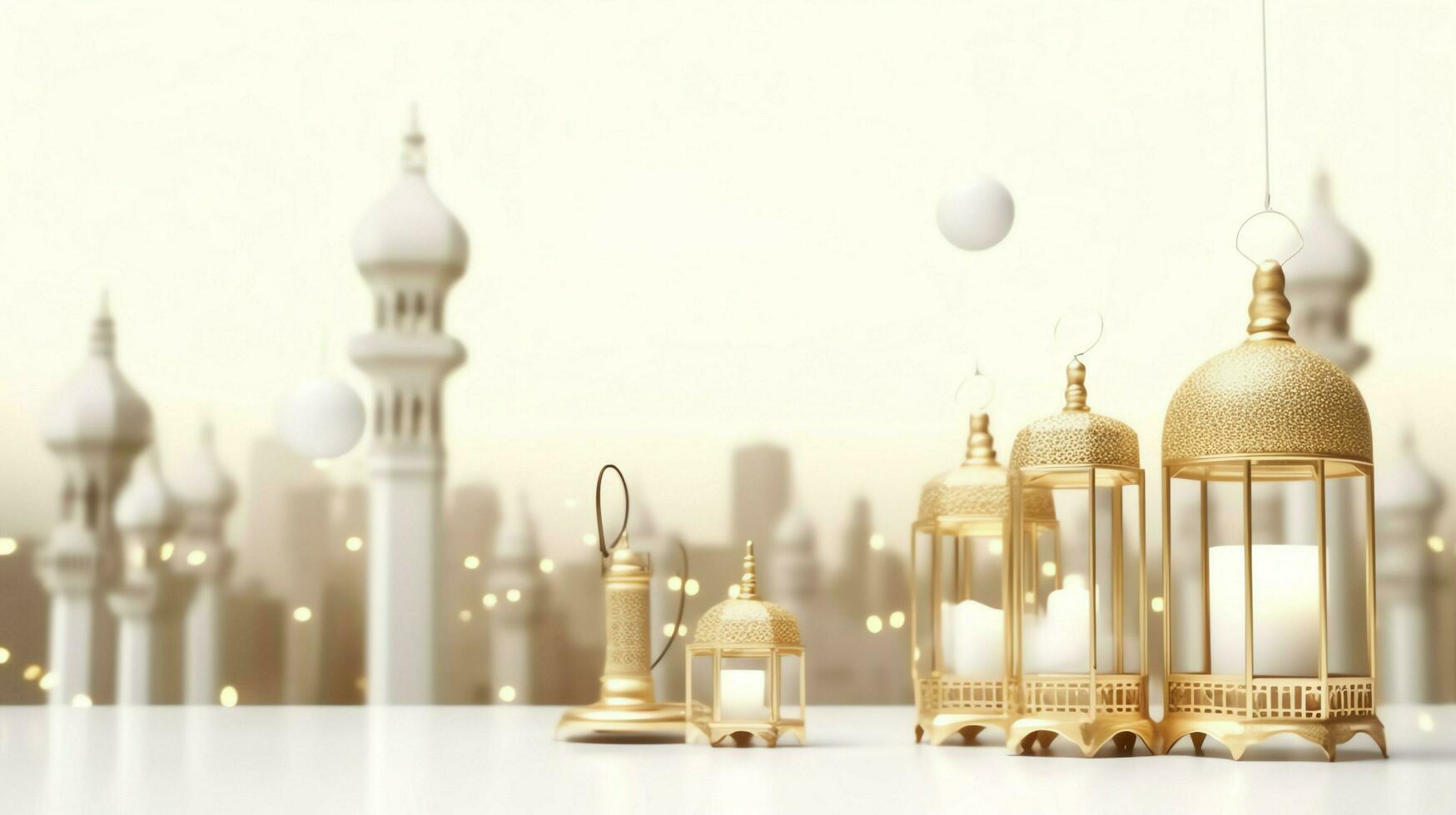 Eid mubarak and ramadan kareem greetings with islamic lantern and mosque. Eid al fitr background. Eid al fitr background of window concept by AI Generated photo
