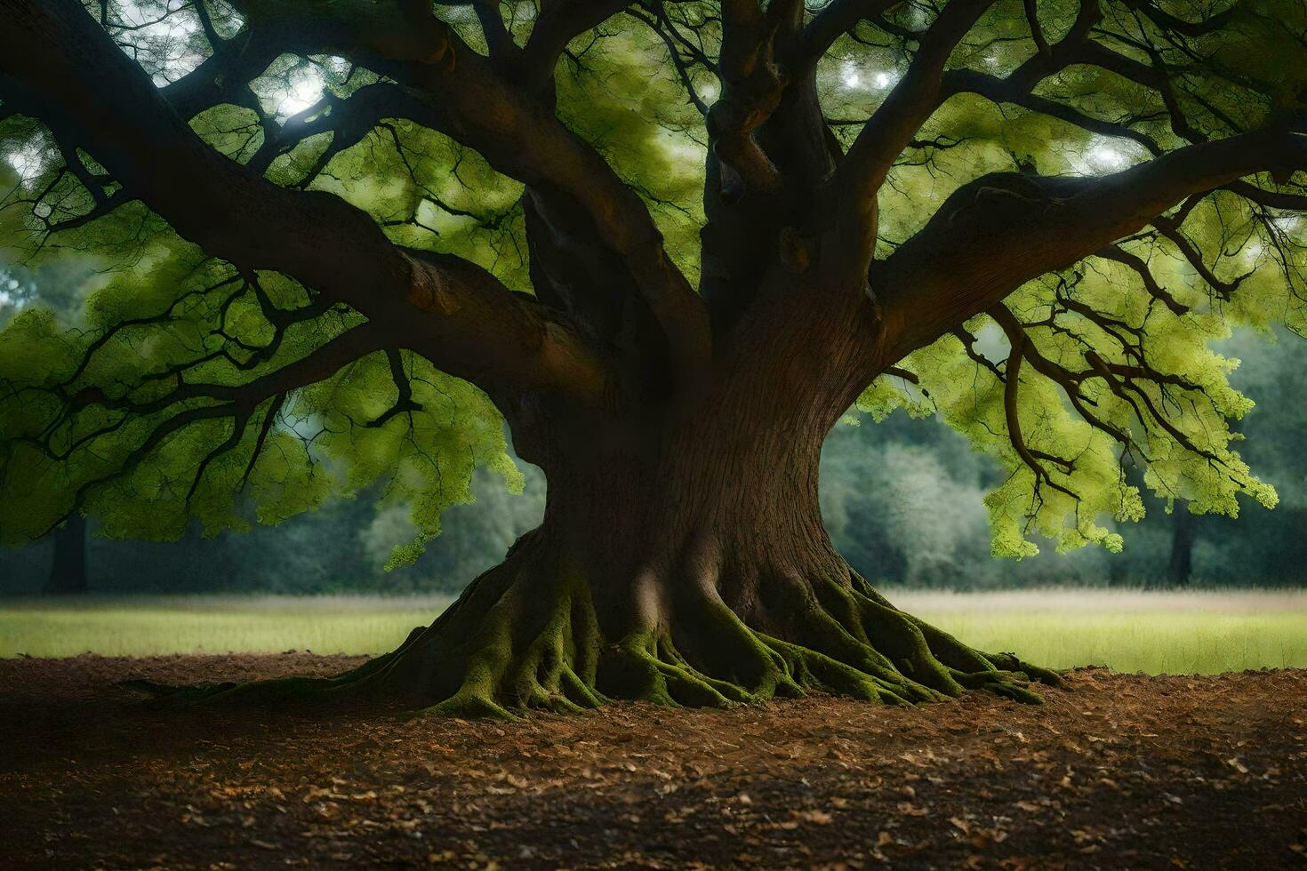 a large tree with green leaves in the middle of a field. AI-Generated photo