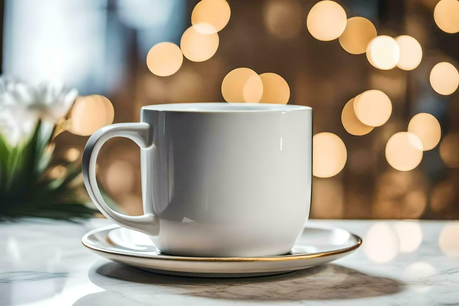 un blanco café taza se sienta en un platillo. generado por ai foto