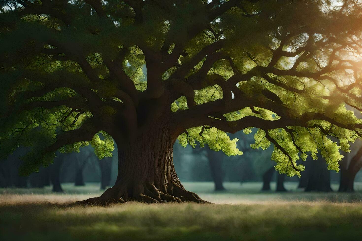a large tree in the middle of a field. AI-Generated photo