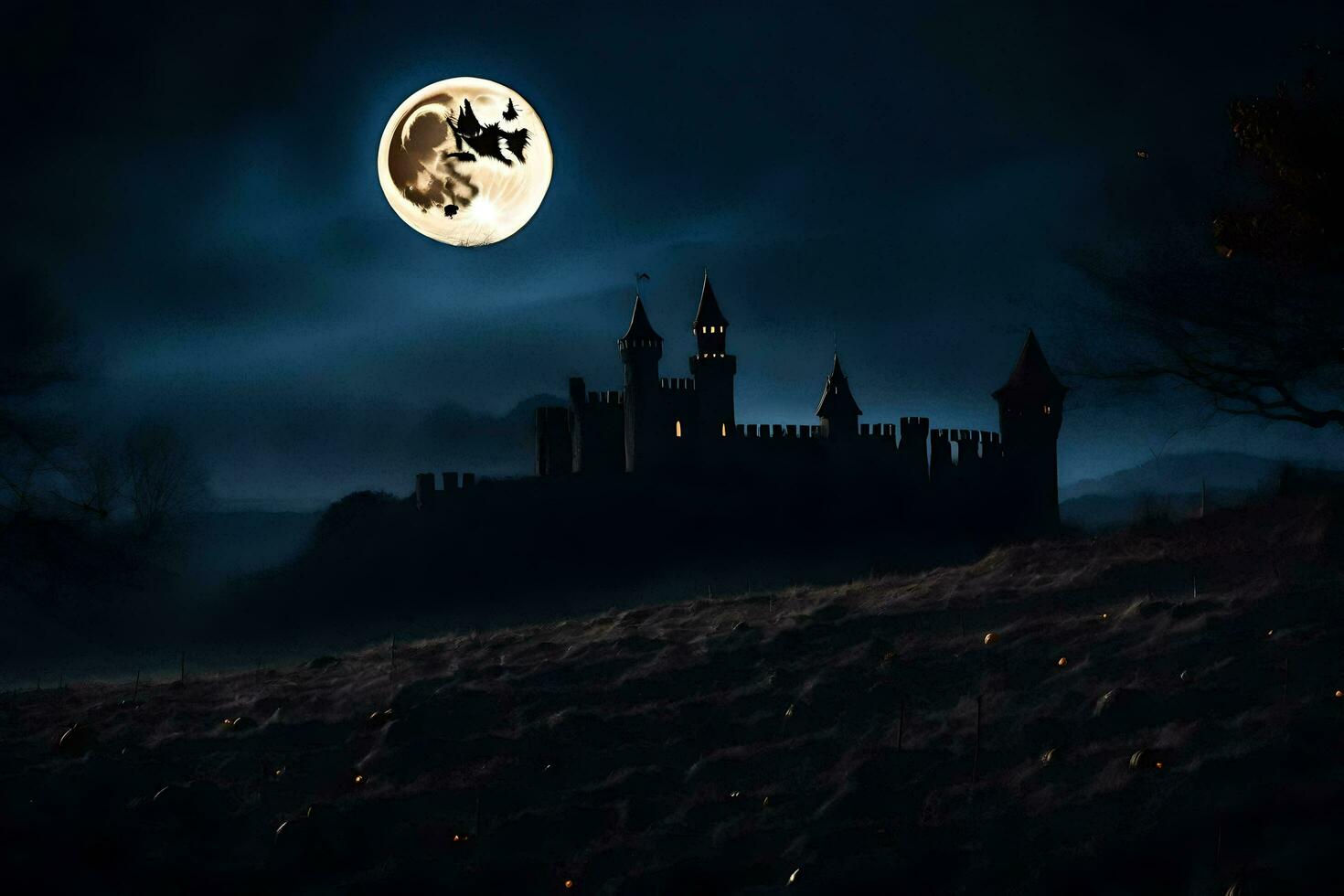 a castle in the night with a full moon. AI-Generated photo