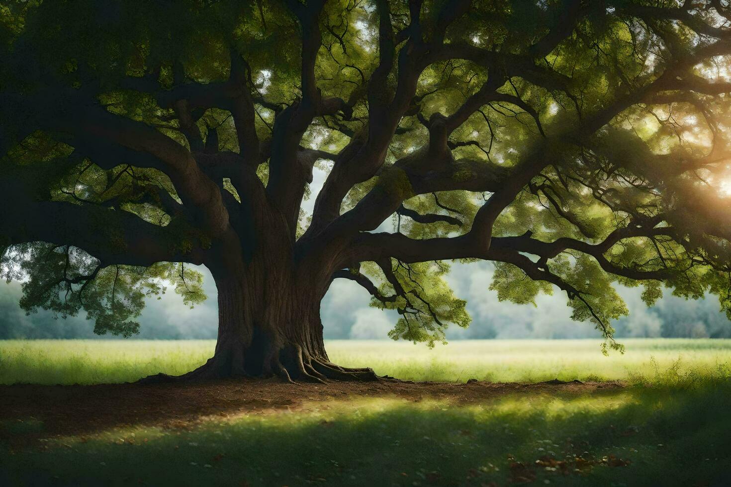 the sun shines through the leaves of an old oak tree. AI-Generated photo