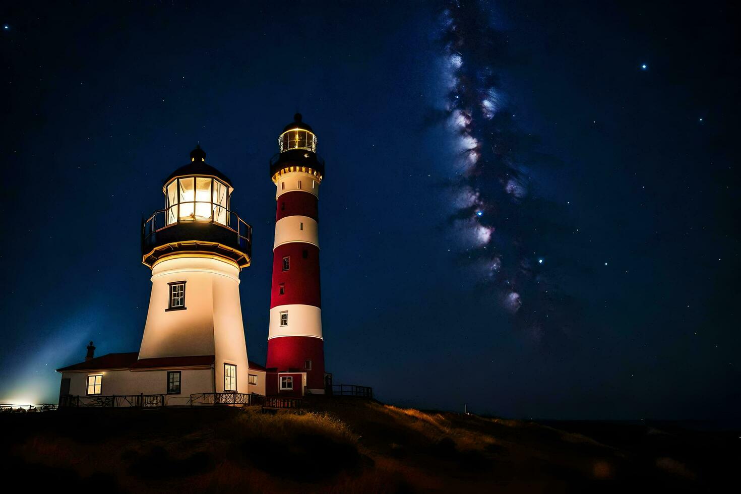 the lighthouse at night with the milky in the background. AI-Generated photo