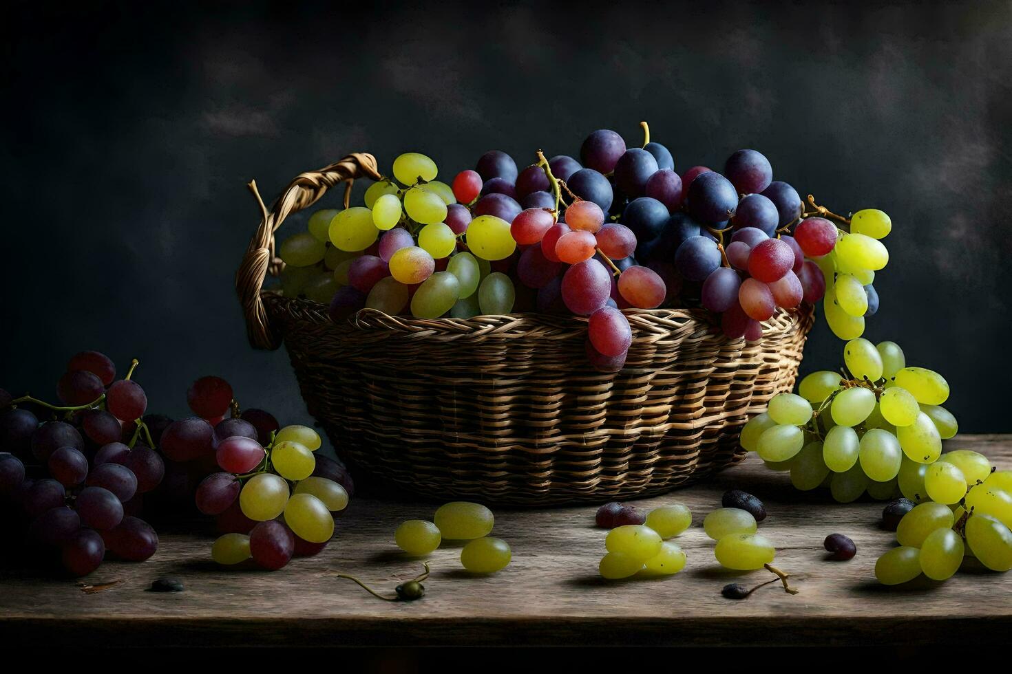 grapes in a basket on a table. AI-Generated photo