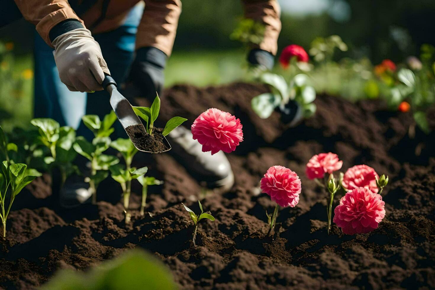 a person is digging dirt with a shovel to plant flowers. AI-Generated photo