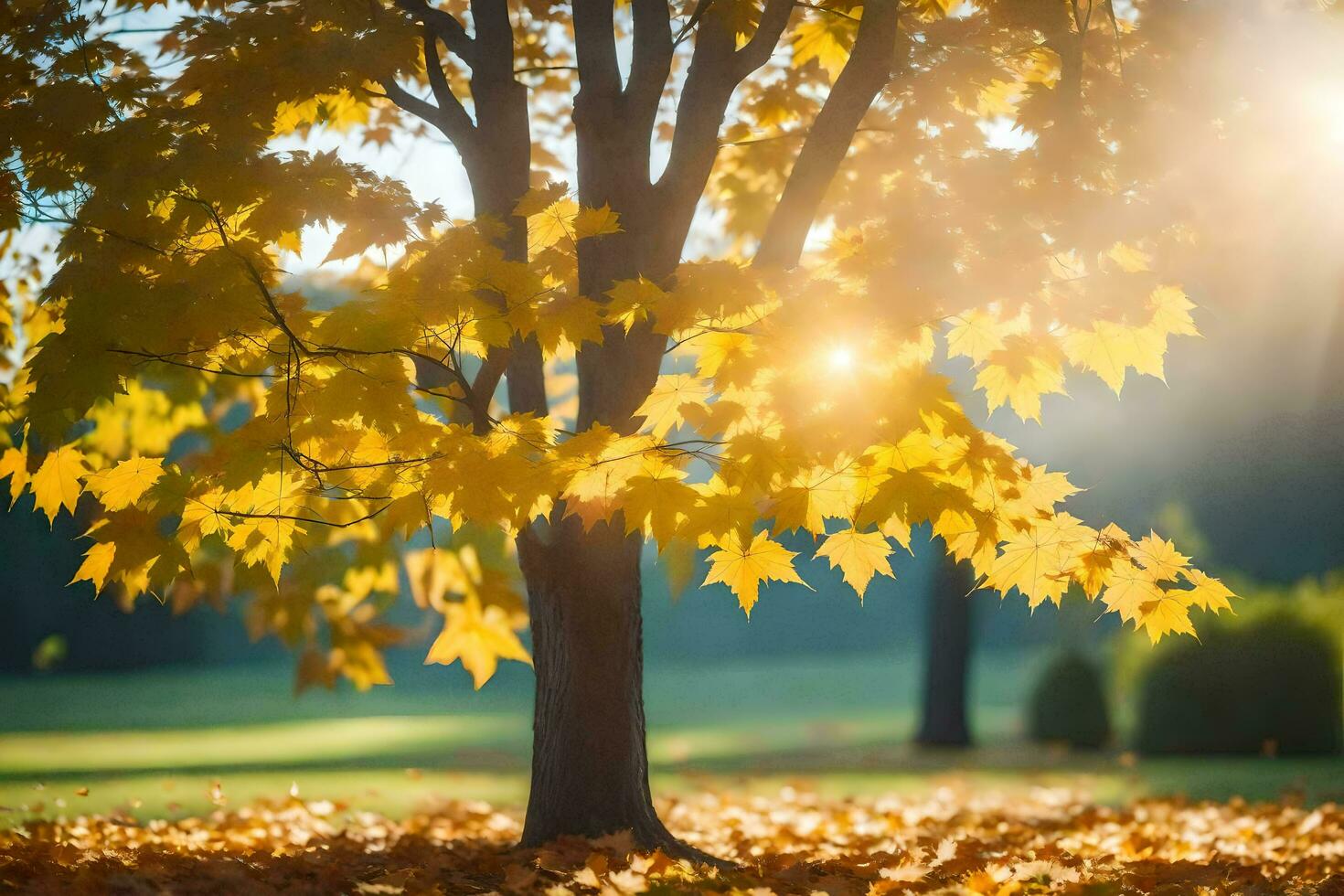 autumn leaves on a tree in the sun. AI-Generated photo