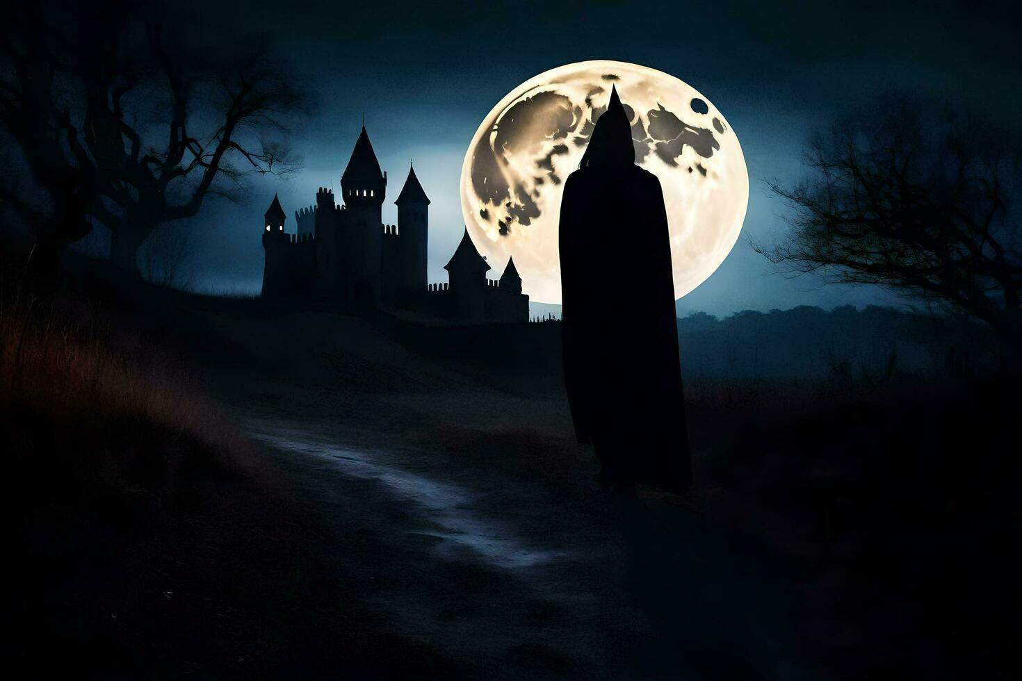 a person in a cloak is walking in front of a castle. AI-Generated photo