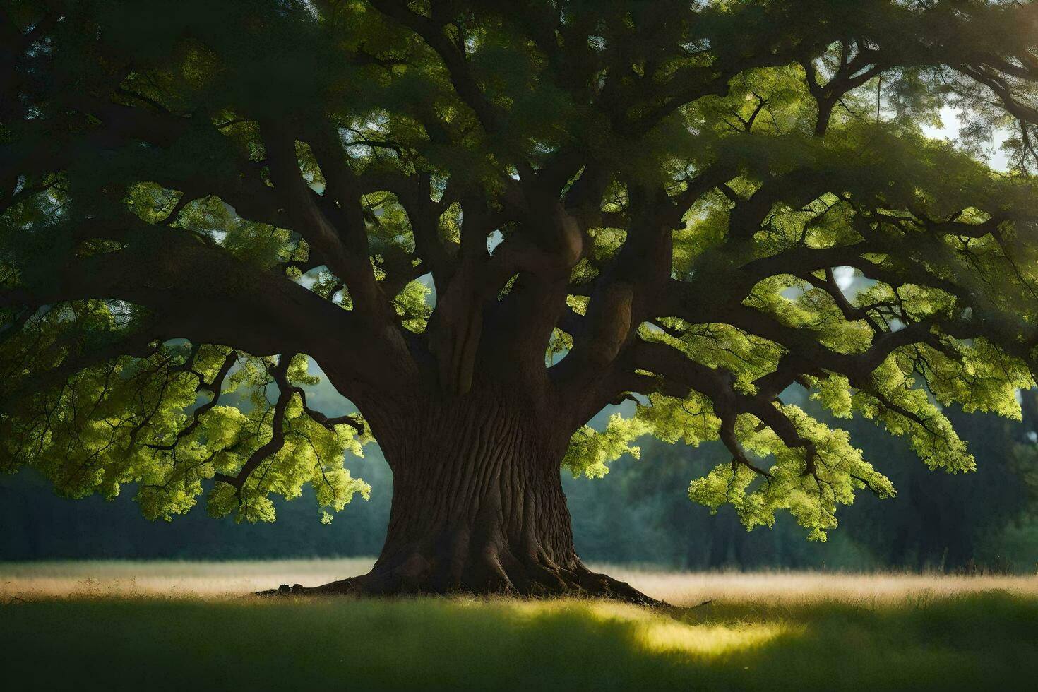 a large tree in the middle of a field. AI-Generated photo