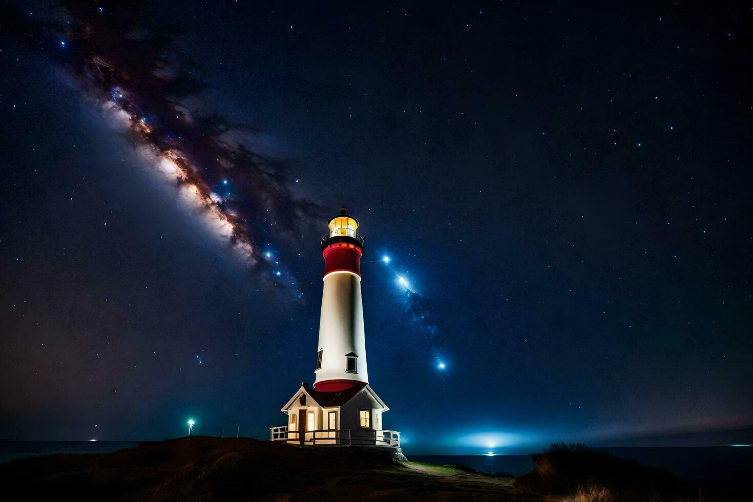 a lighthouse with stars in the sky and a light shining. AI-Generated photo