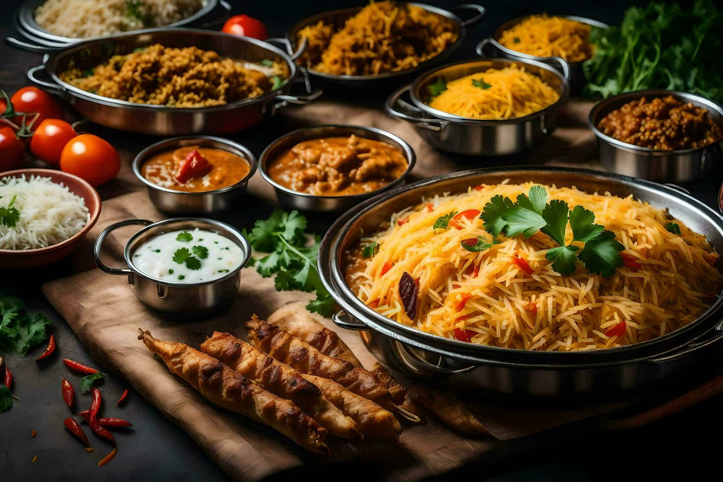 various dishes of indian food are arranged in bowls. AI-Generated photo