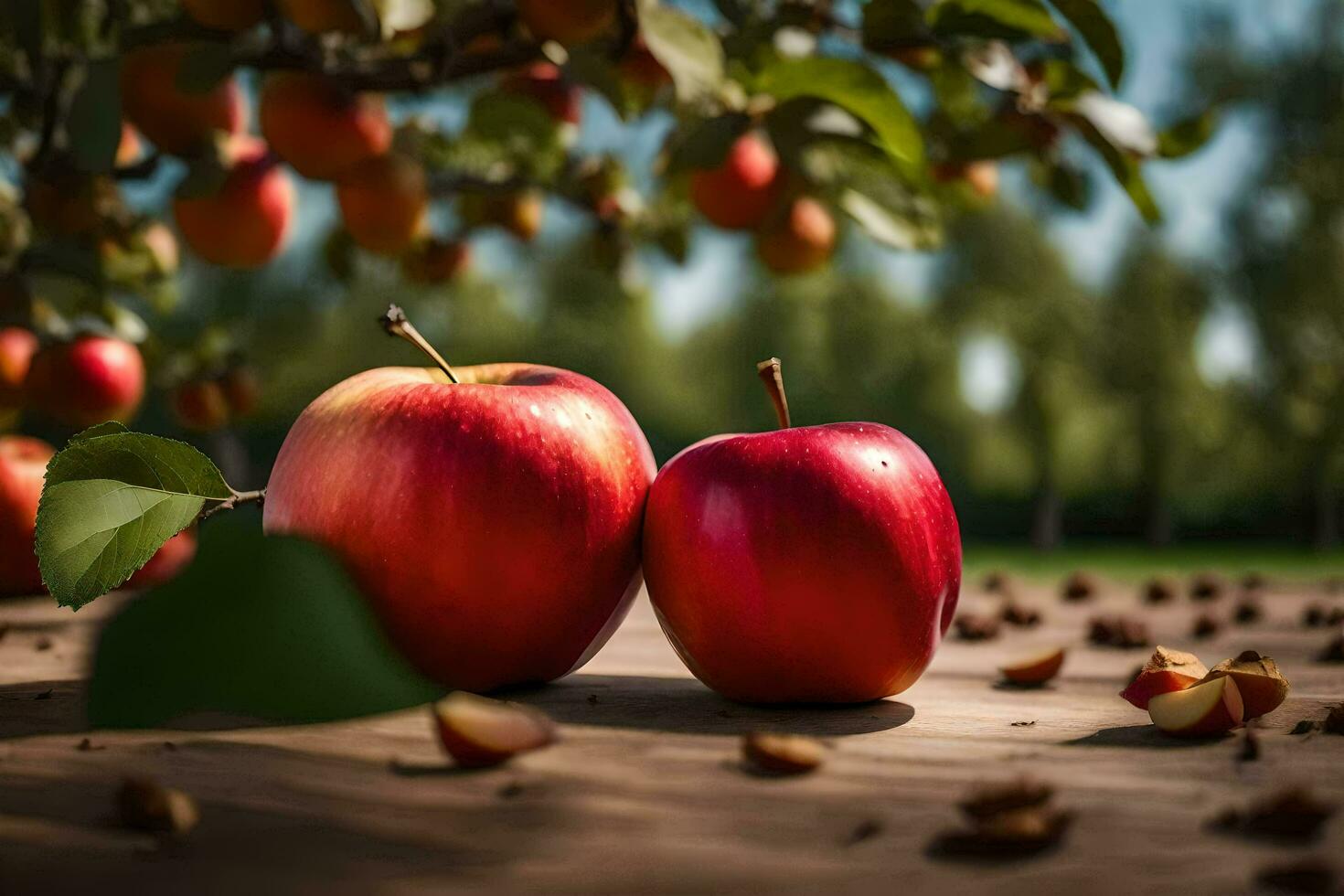 two apples are sitting on a table in front of a tree. AI-Generated photo