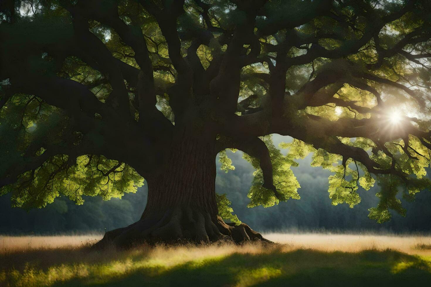 the sun shines through the leaves of an old oak tree. AI-Generated photo