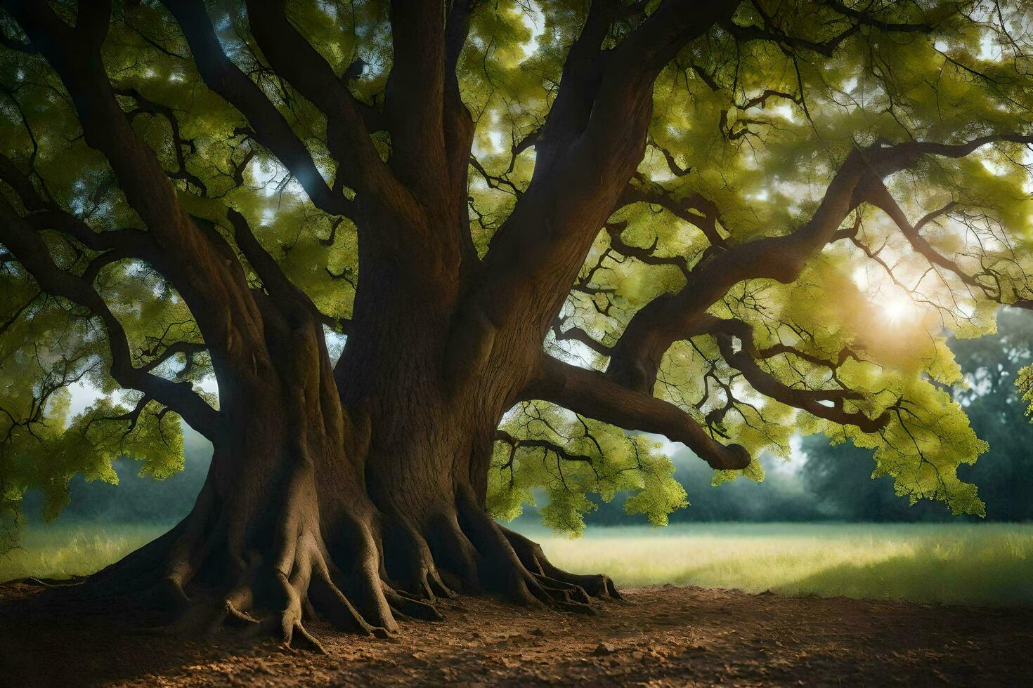 the sun shines through the tree trunk of a large oak tree. AI-Generated photo