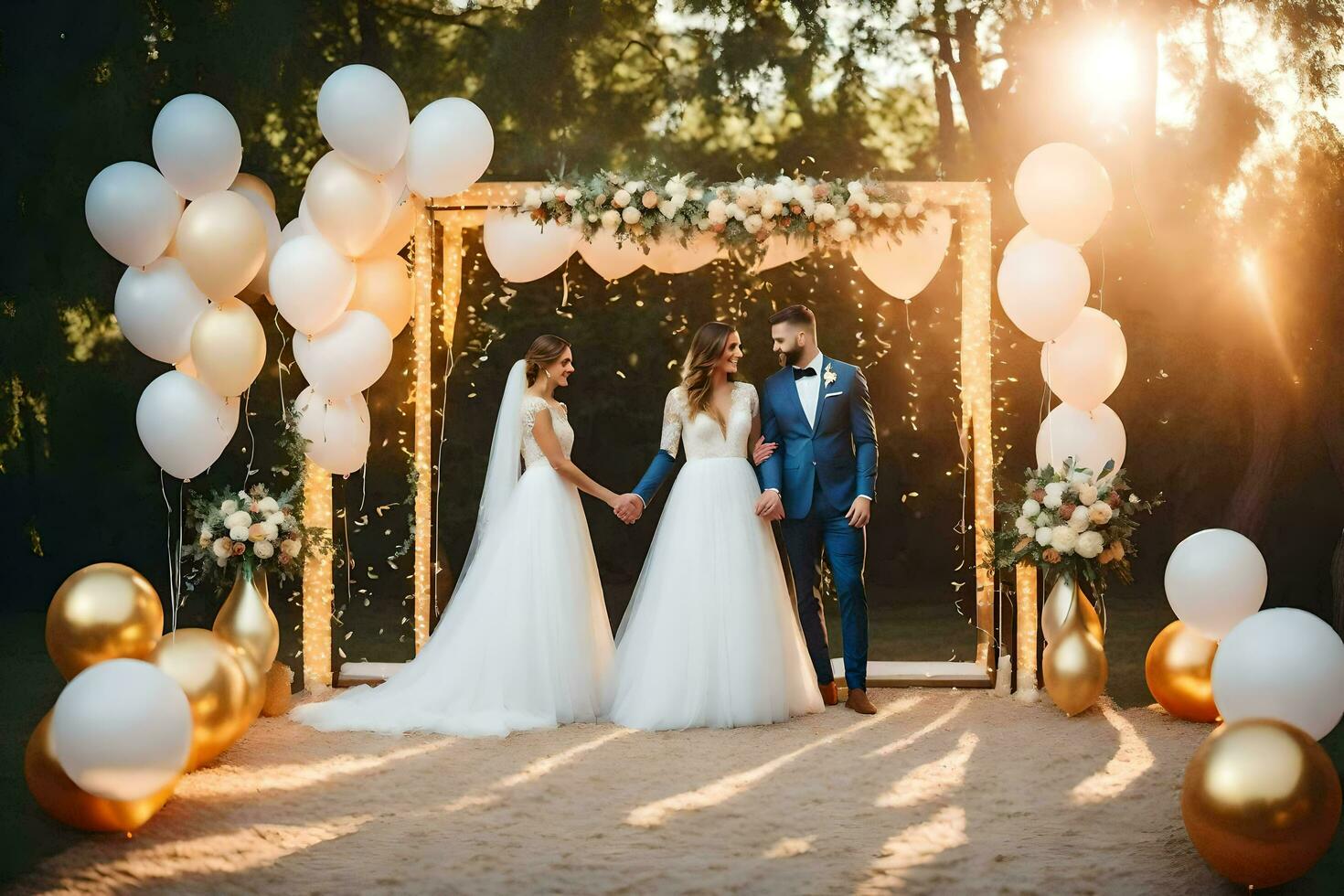 Boda Pareja en frente de un Boda arco con globos generado por ai foto