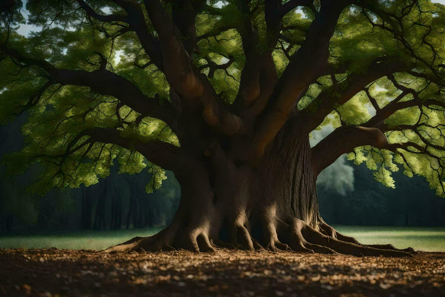 a large tree with roots in the ground. AI-Generated photo