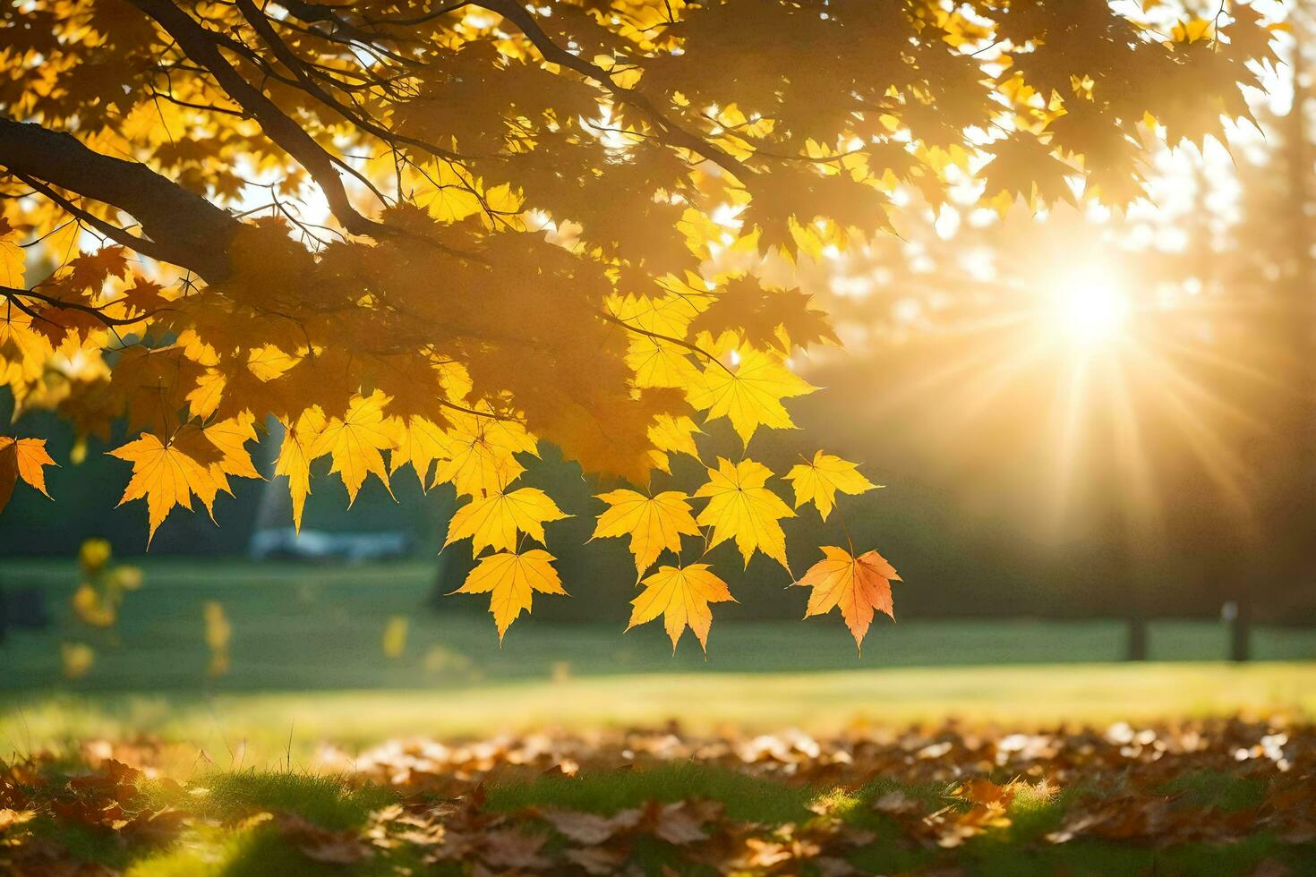 autumn leaves on the ground in a park. AI-Generated photo