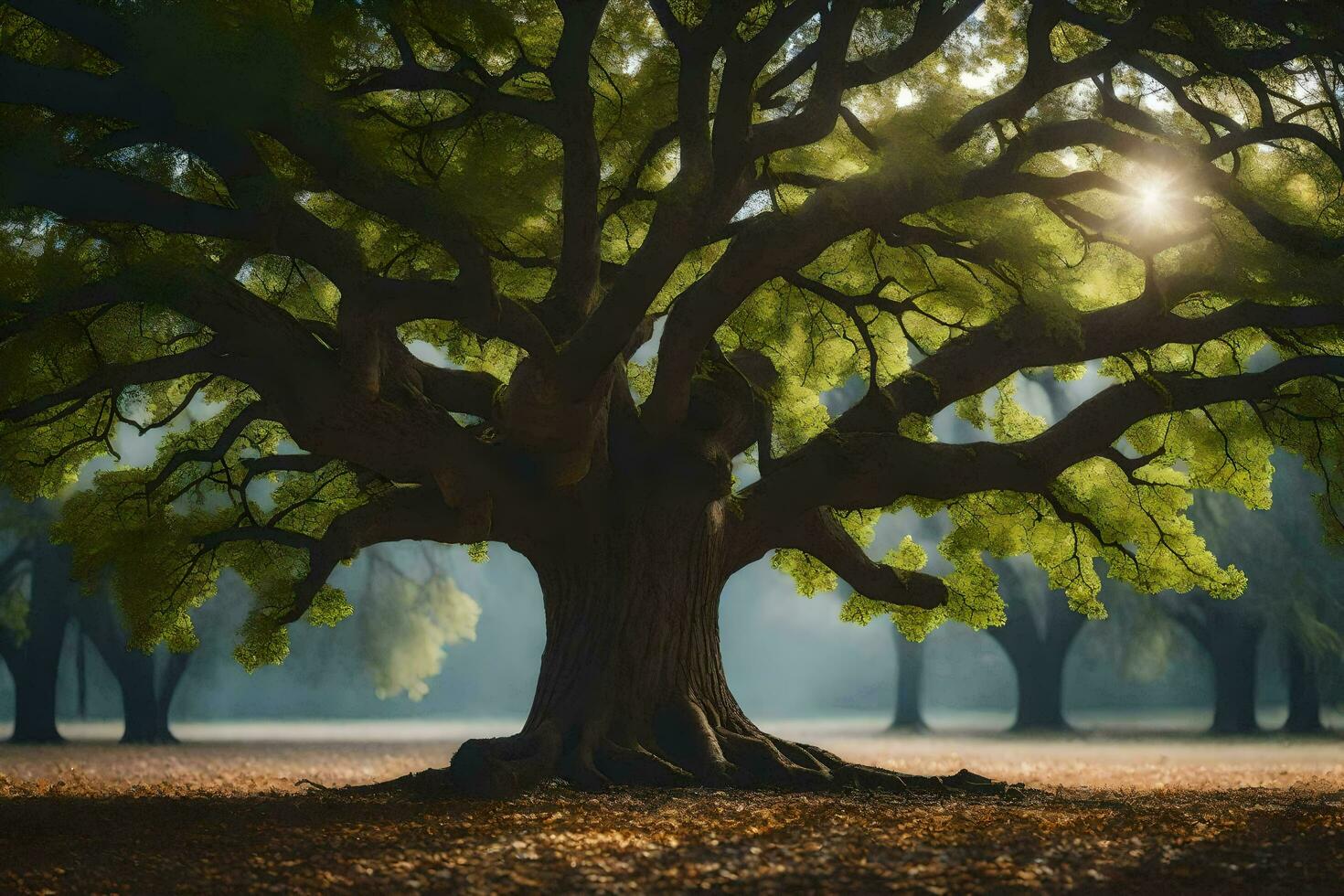 the sun shines through the leaves of an old oak tree. AI-Generated photo