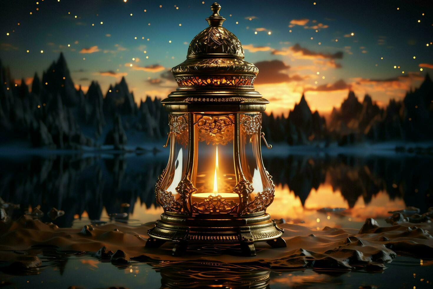 Eid mubarak and ramadan kareem greetings with islamic lantern and mosque. Eid al fitr background. Eid al fitr background of window concept by AI Generated photo