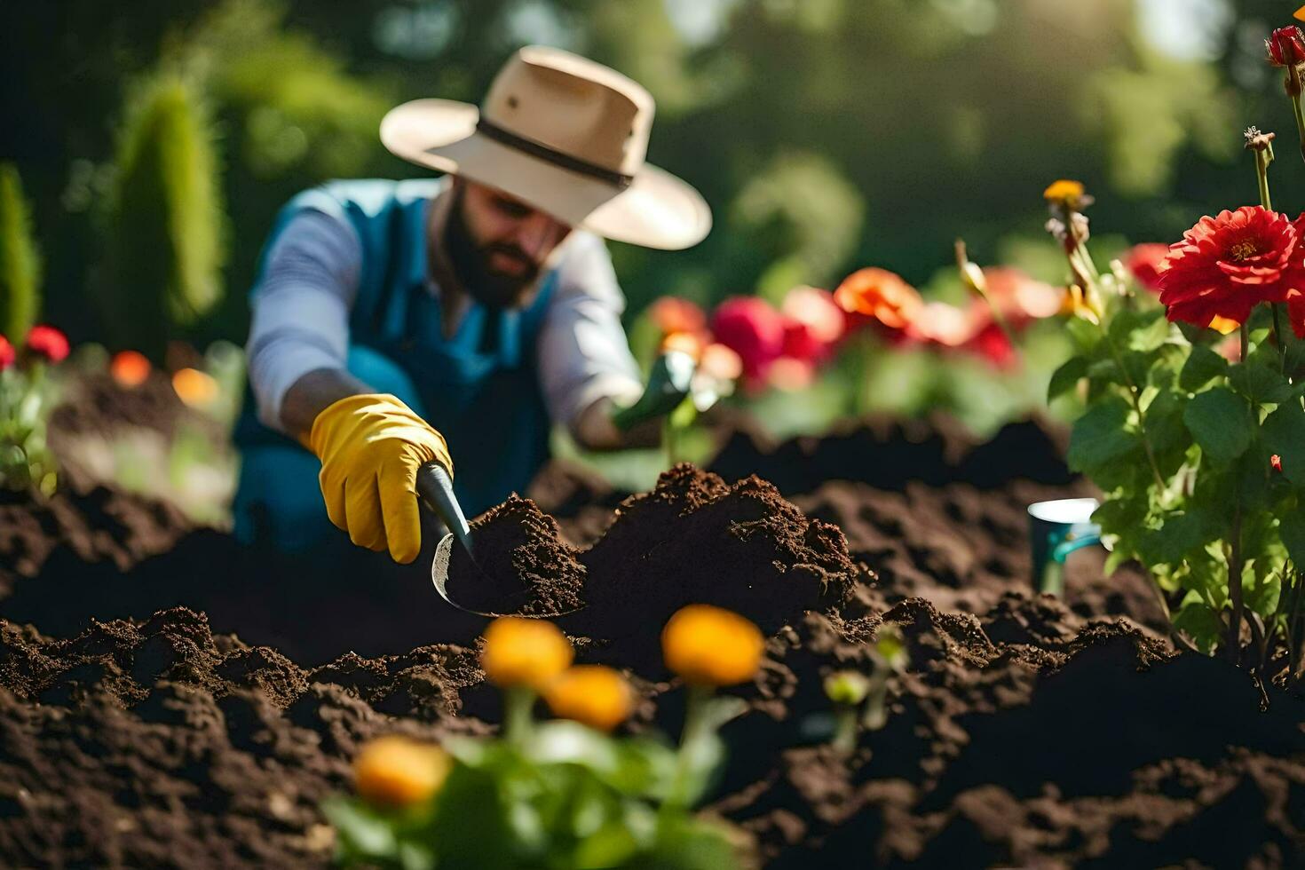 a man in a hat and gloves is digging in the dirt. AI-Generated photo