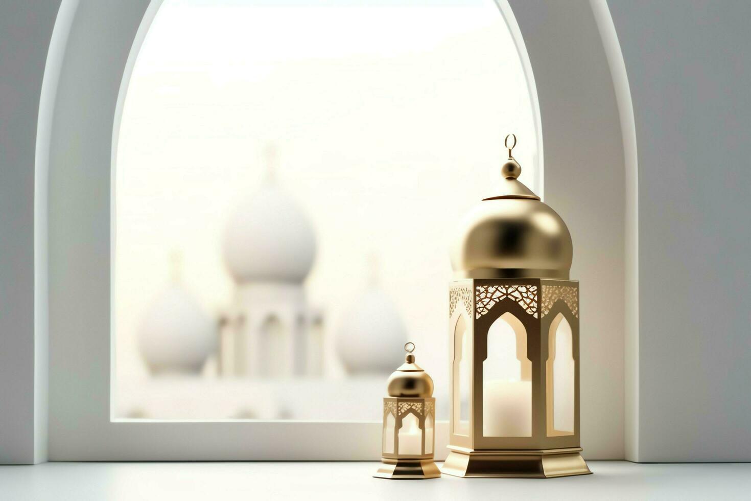 Eid mubarak and ramadan kareem greetings with islamic lantern and mosque. Eid al fitr background. Eid al fitr background of window concept by AI Generated photo