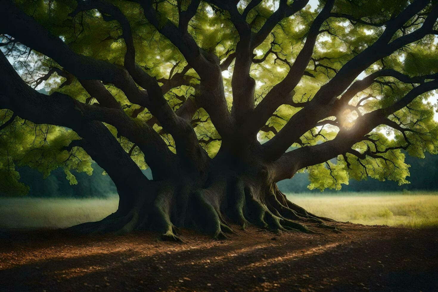 the sun shines through the trunk of a large tree. AI-Generated photo