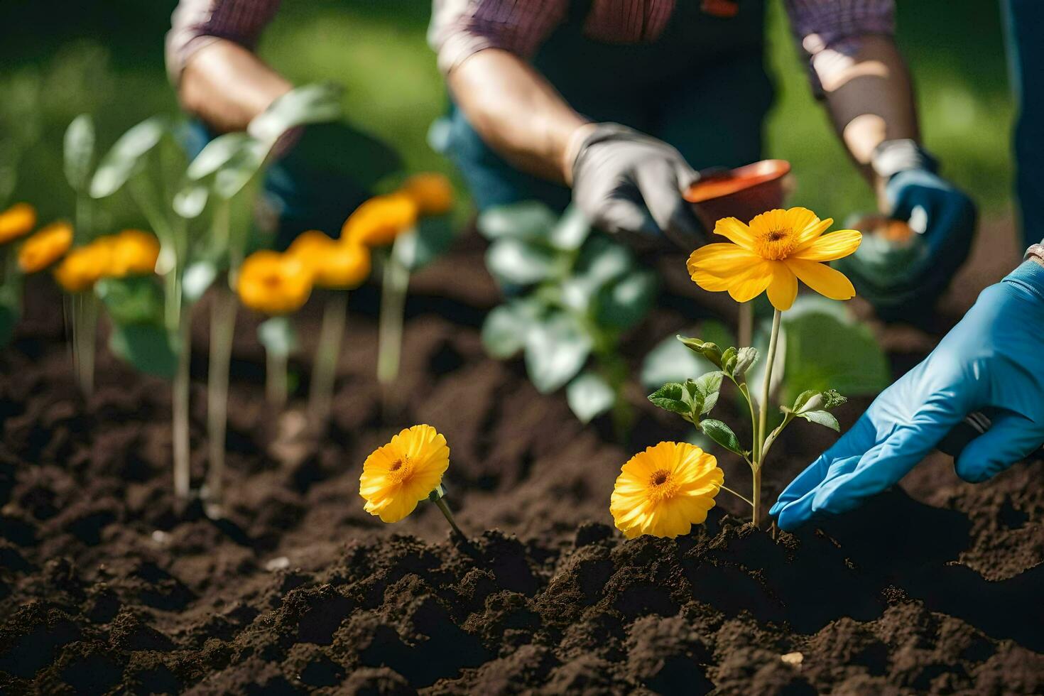 people planting flowers in the garden. AI-Generated photo