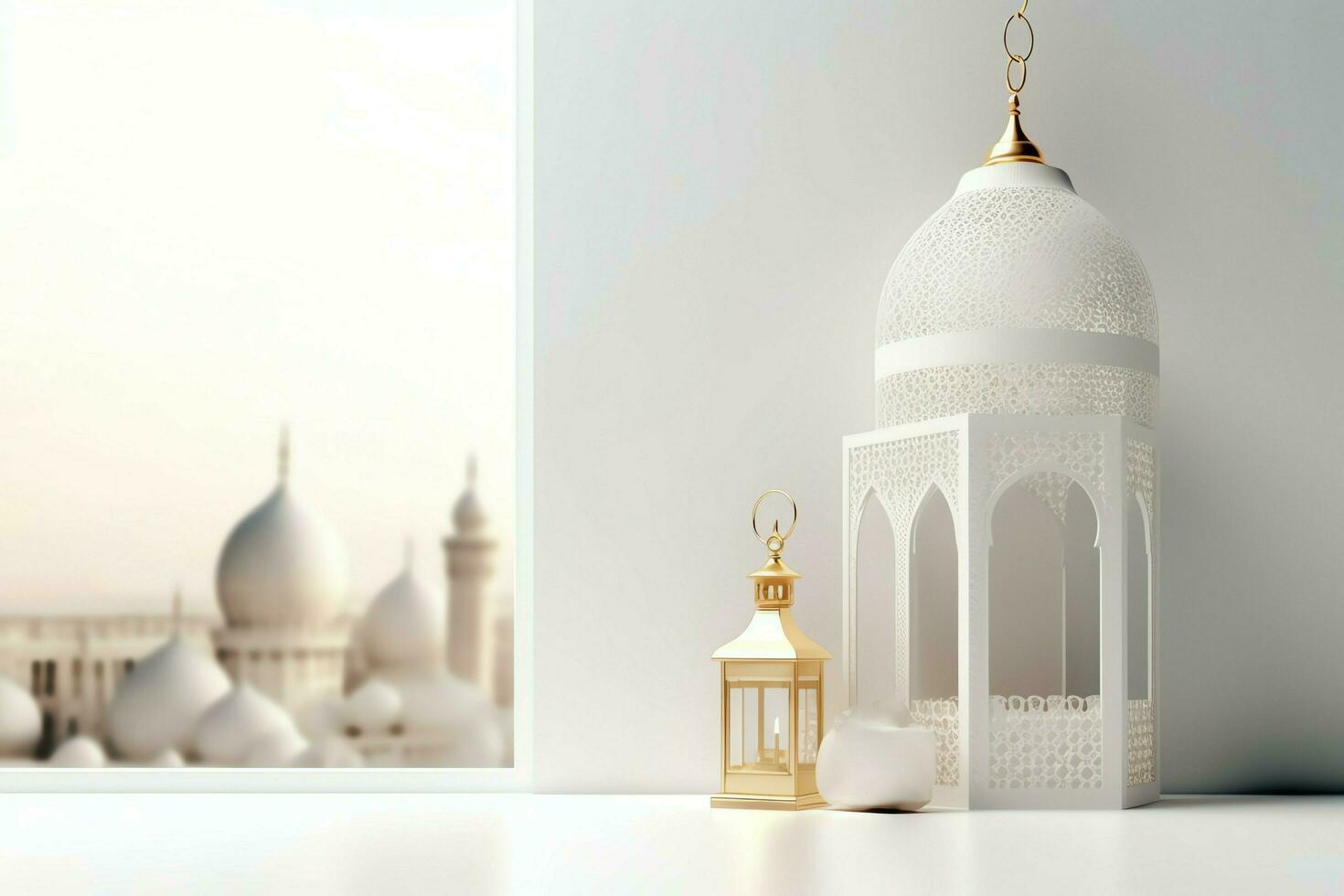 Eid mubarak and ramadan kareem greetings with islamic lantern and mosque. Eid al fitr background. Eid al fitr background of window concept by AI Generated photo