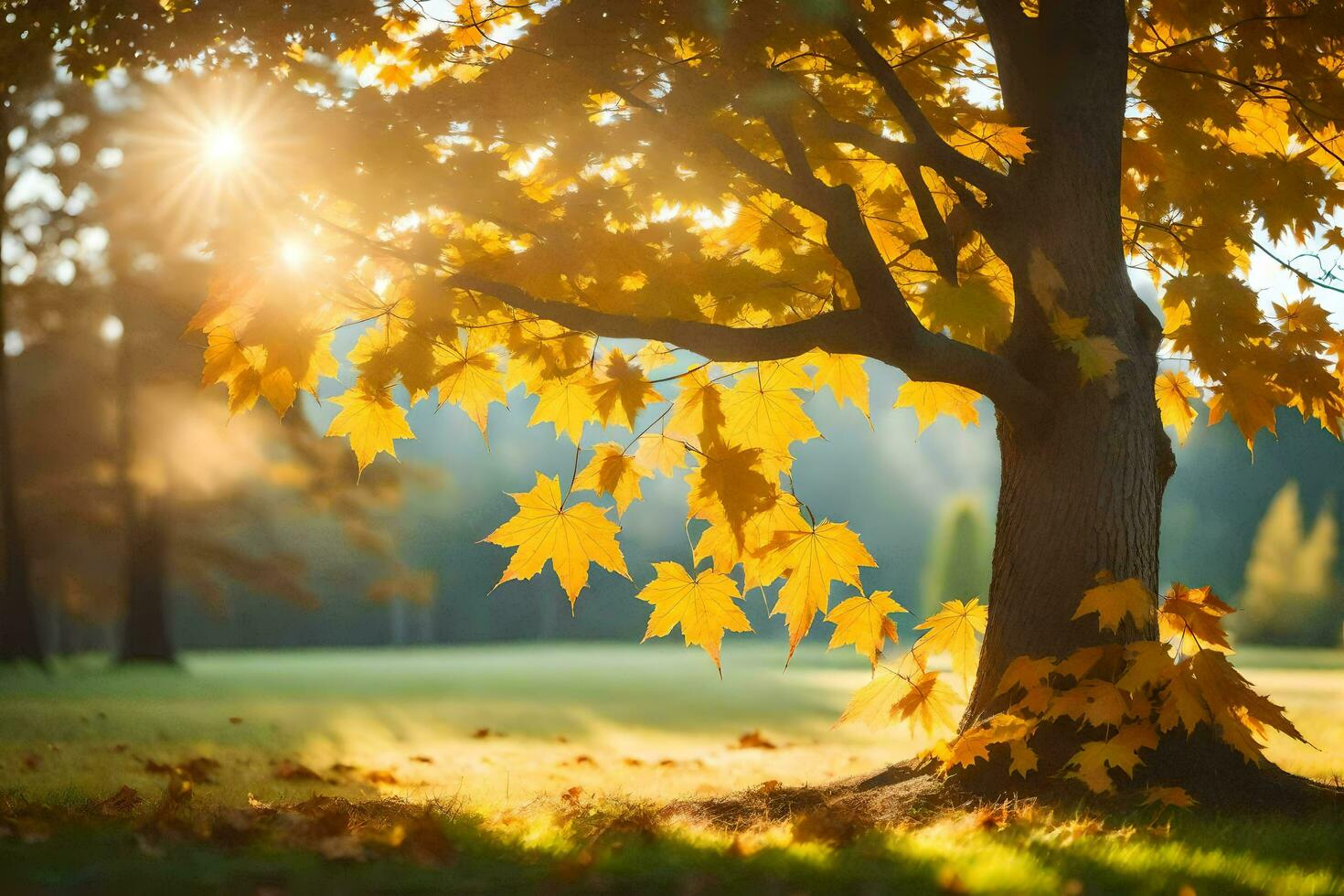 autumn leaves on a tree in the sun. AI-Generated photo