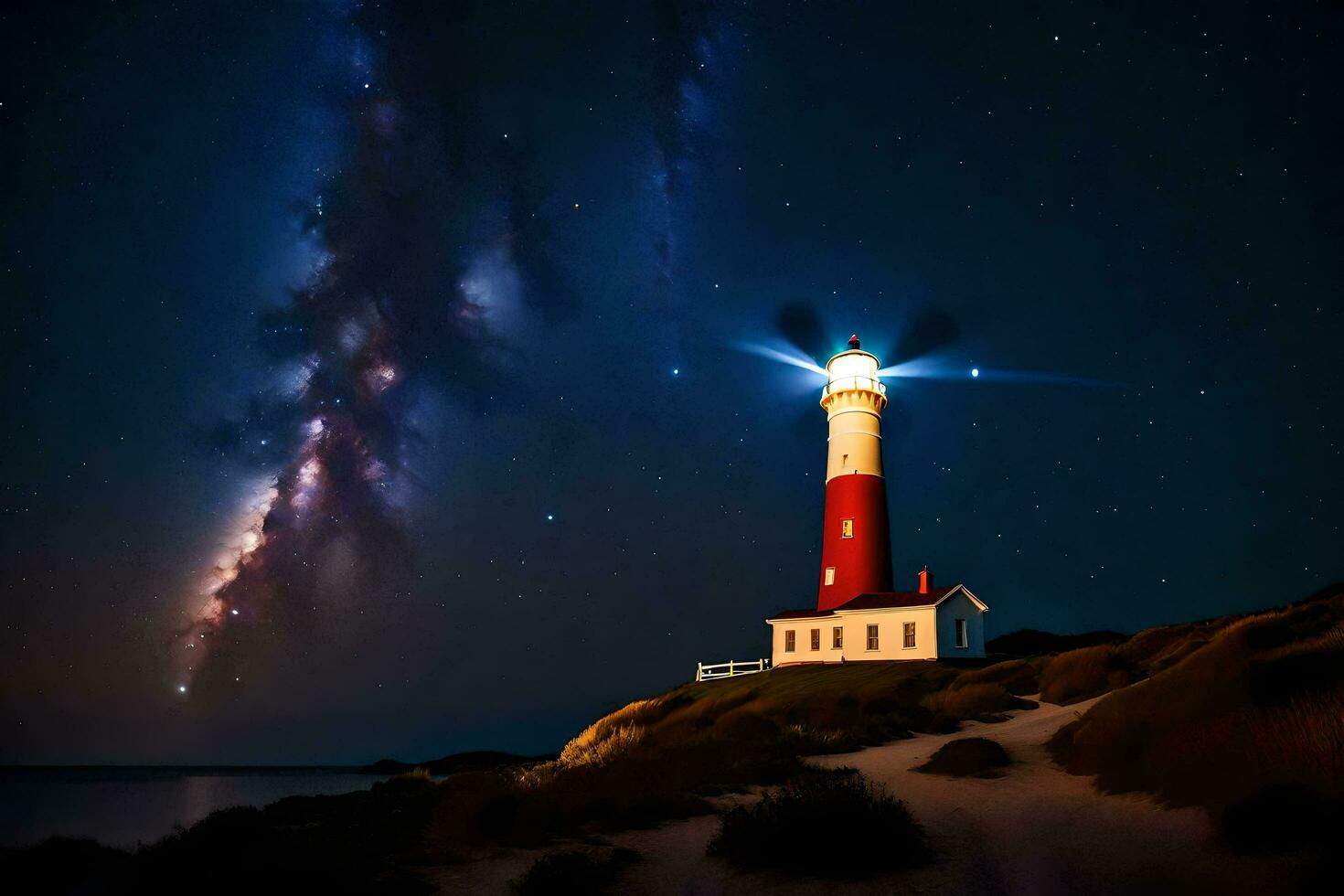 a lighthouse with a starry sky above it. AI-Generated photo