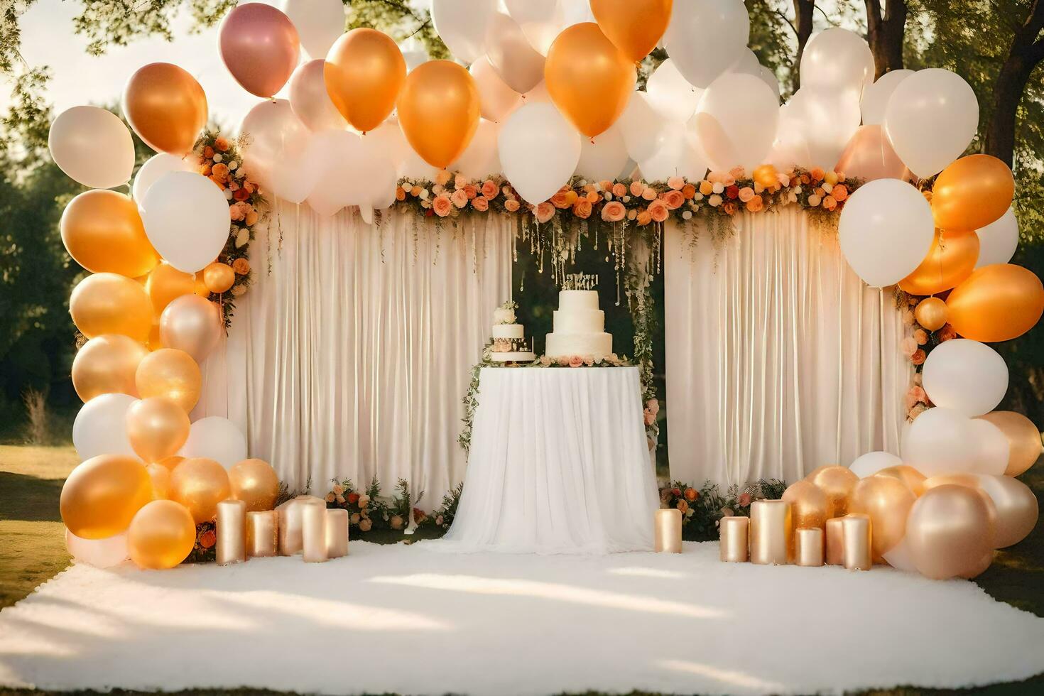 a wedding cake is surrounded by balloons and white and gold decorations. AI-Generated photo