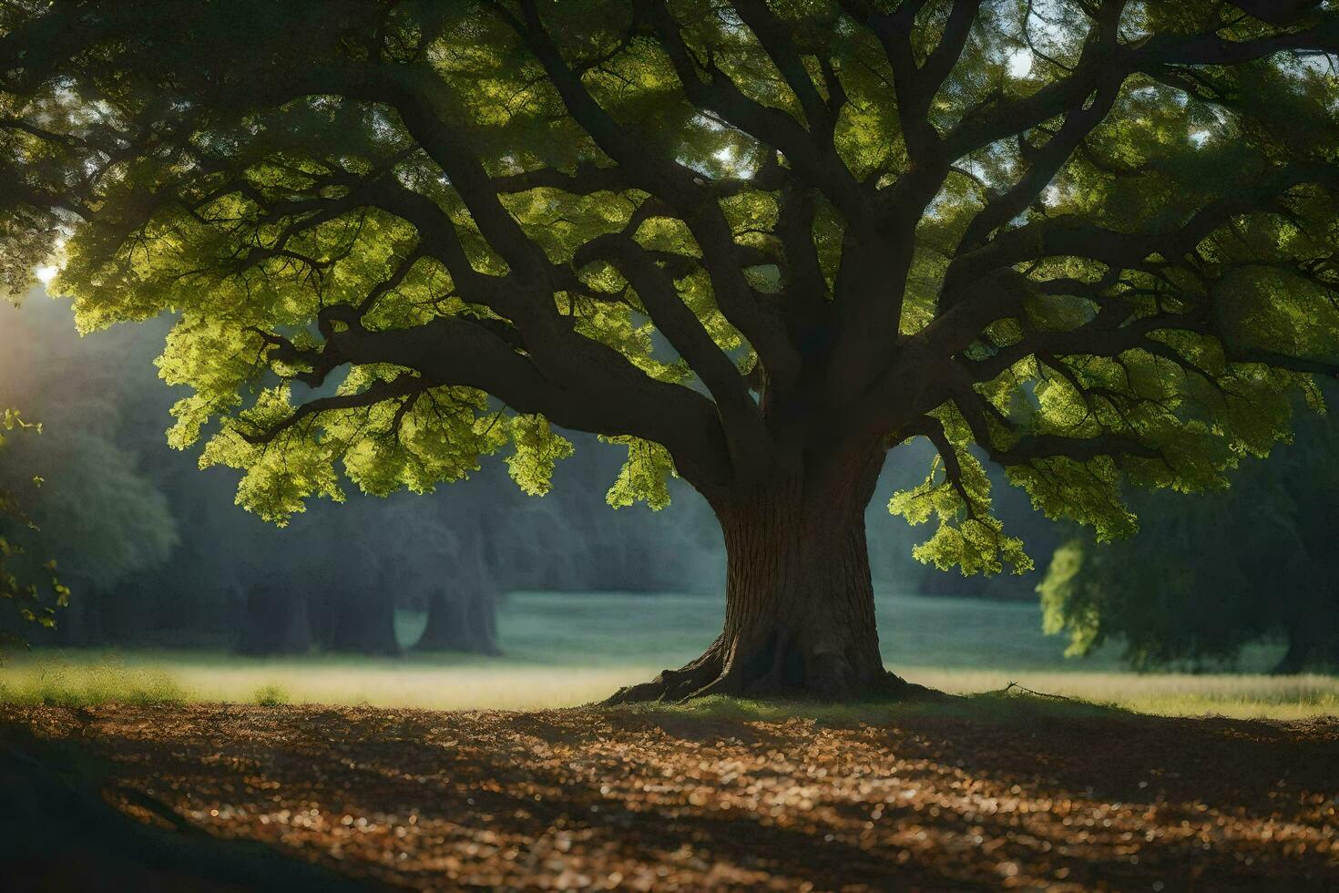 a large tree in the middle of a field. AI-Generated photo