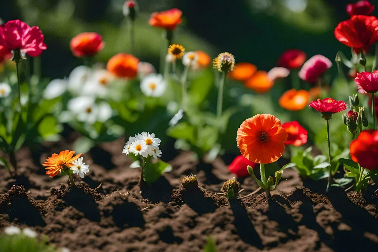 many different colored flowers are growing in the dirt. AI-Generated photo