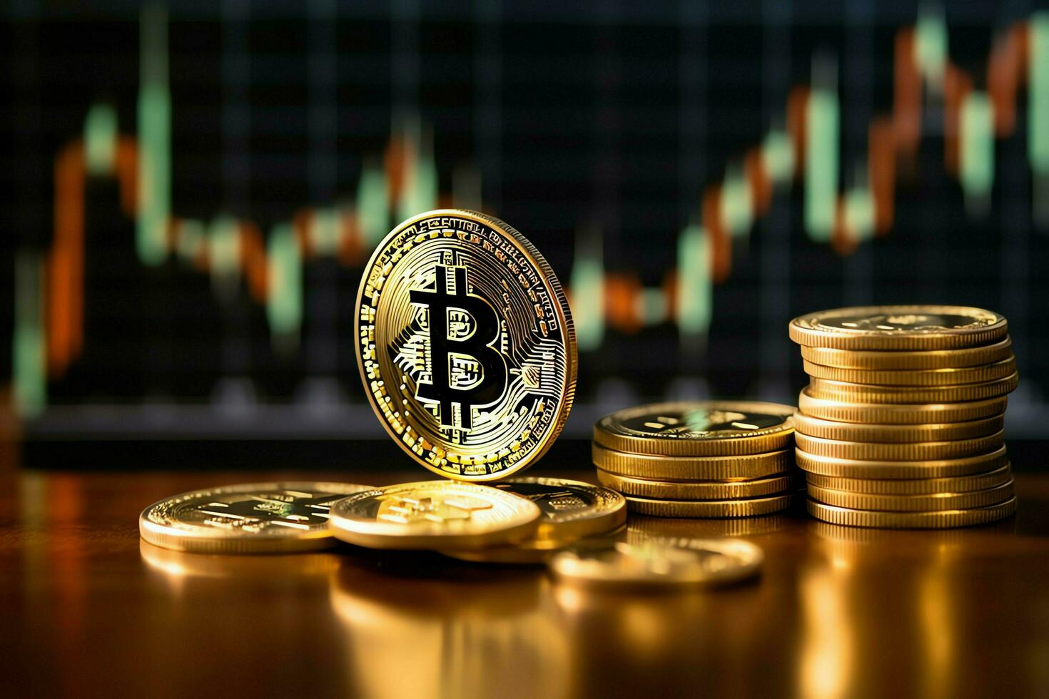Golden bitcoin digital cryptocurrency futuristic money. Technology business internet trading concept by AI Generated photo