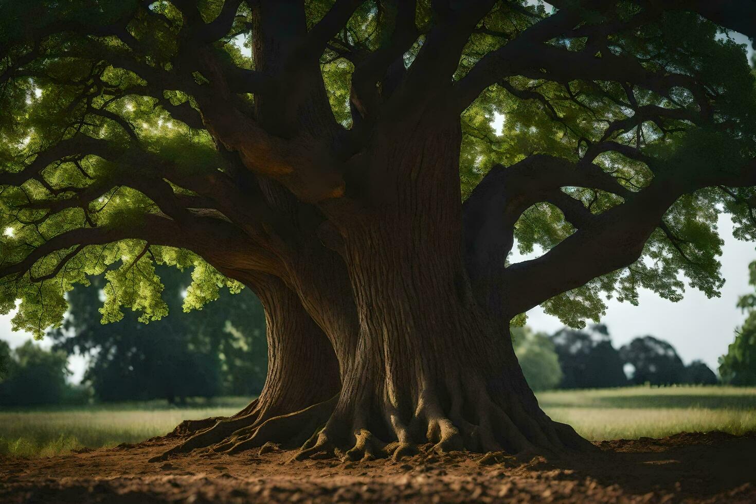 a large tree with large roots in the middle of a field. AI-Generated photo