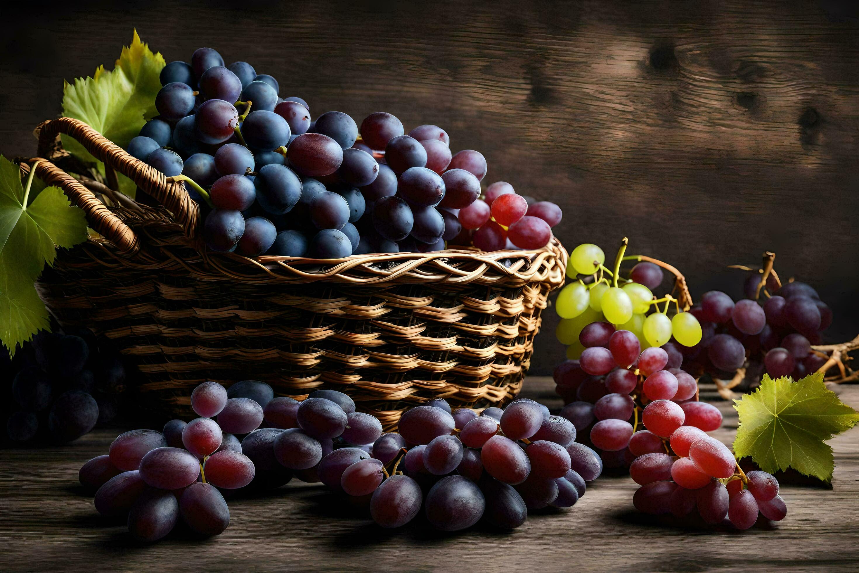 grapes, basket, on the table, on the wooden background, dark hd